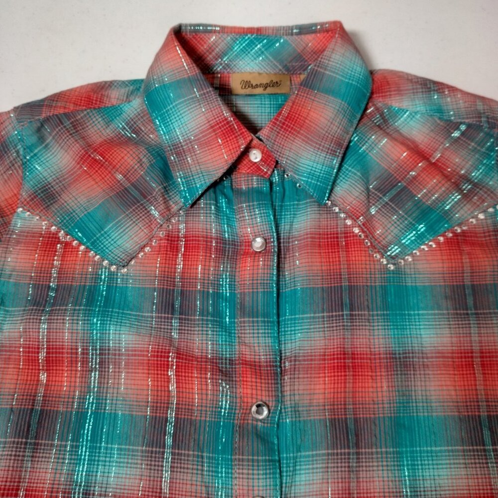 Wrangler Western Shirt XS Long Sleeve Pink Blue Metallic Plaid Rhinestone Snap